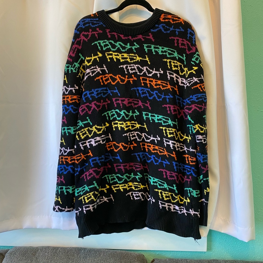 Teddy Fresh Black Crewneck Sweater with Multicolor Logo Knit